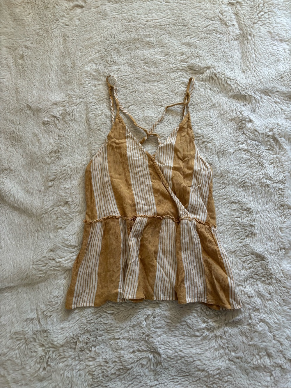 AEO Striped Mustard & Cream Sleeveless Wrap Tank Top